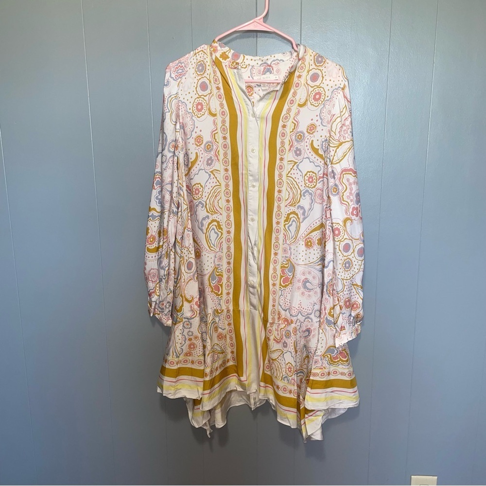 Ted Baker Paulita Handkerchief Hem Shirt Dress Yellow Paisley Size 3 Small Med